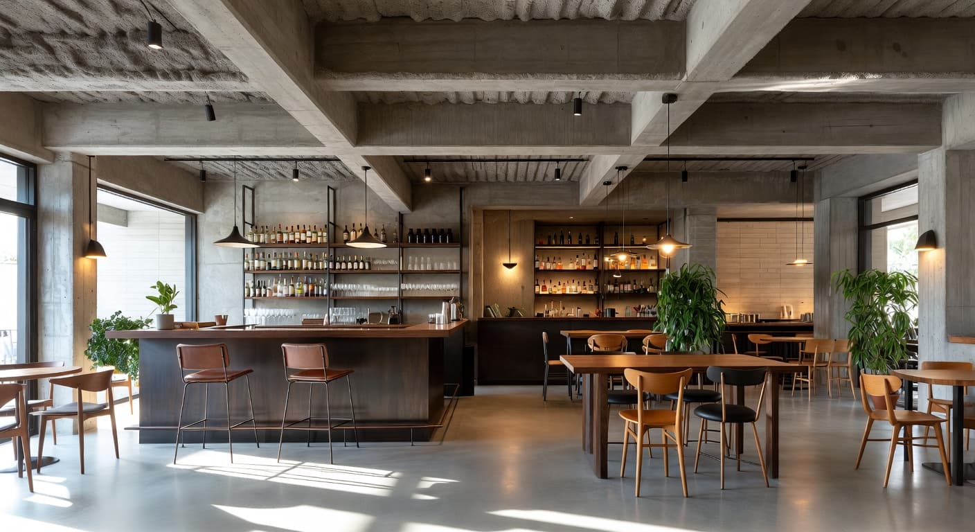 Brutalist bar room interior design - featuring brutalist style furniture, decor, colors, and layout ideas for your bar room