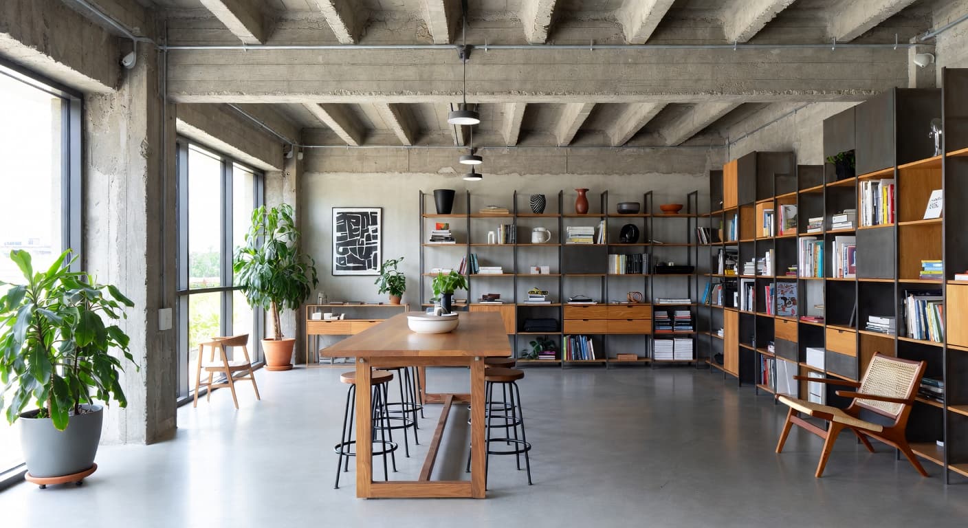 Brutalist craft room / studio interior design - featuring brutalist style furniture, decor, colors, and layout ideas for your craft room / studio