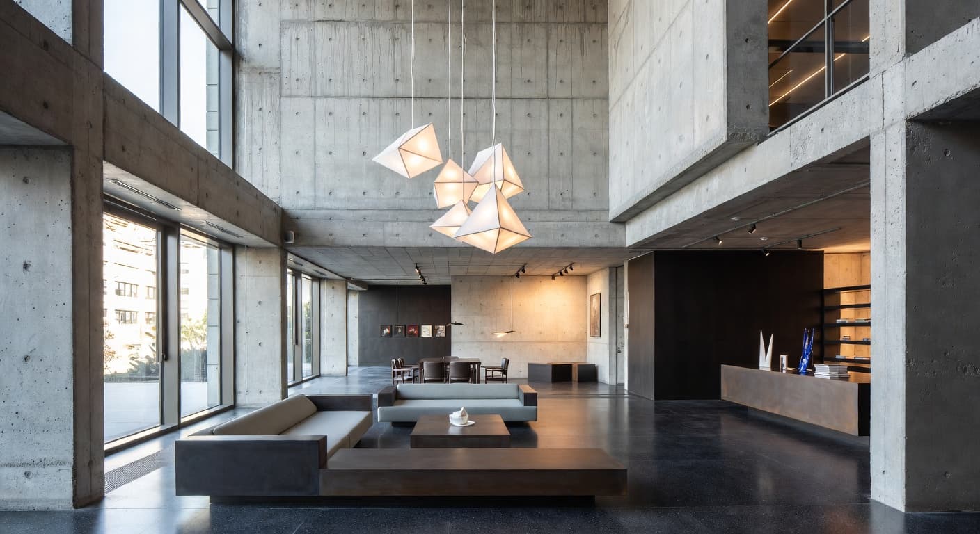 Brutalist gallery / art display interior design - featuring brutalist style furniture, decor, colors, and layout ideas for your gallery / art display