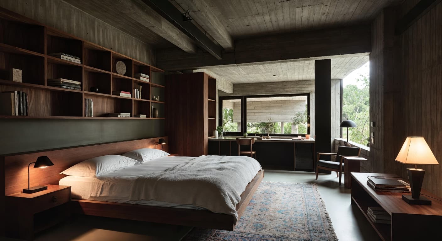 Brutalist guest room interior design - featuring brutalist style furniture, decor, colors, and layout ideas for your guest room