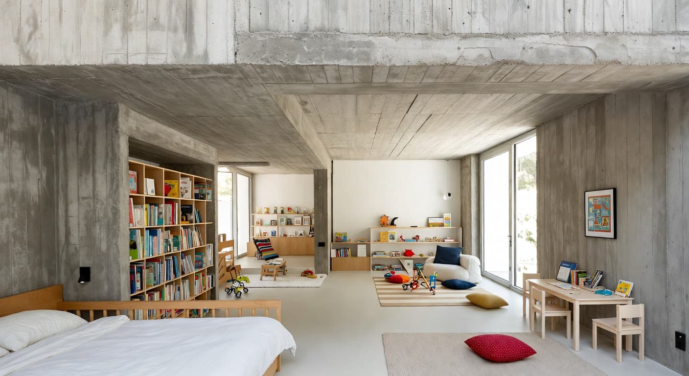 Brutalist kids room interior design - featuring brutalist style furniture, decor, colors, and layout ideas for your kids room