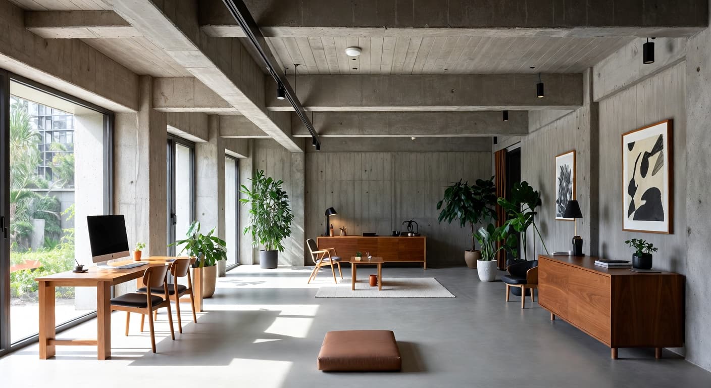 Brutalist meditation space interior design - featuring brutalist style furniture, decor, colors, and layout ideas for your meditation space