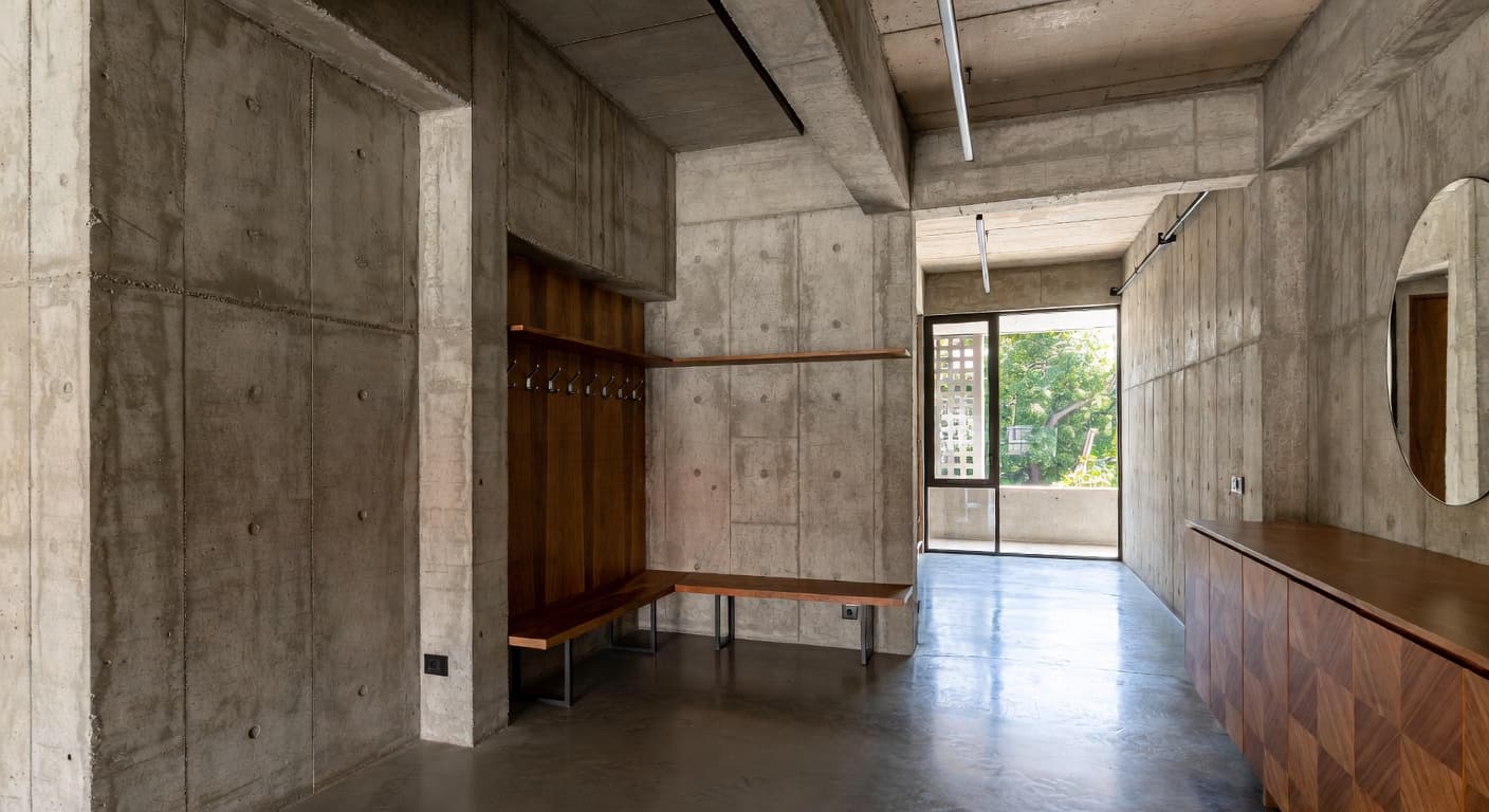 Brutalist mudroom interior design - featuring brutalist style furniture, decor, colors, and layout ideas for your mudroom