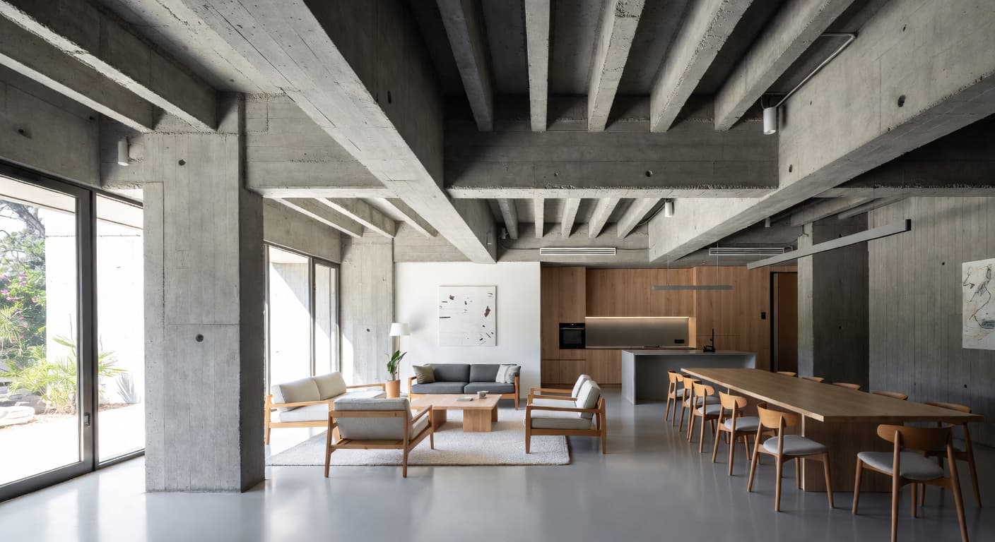 Brutalist multi-purpose room interior design - featuring brutalist style furniture, decor, colors, and layout ideas for your multi-purpose room