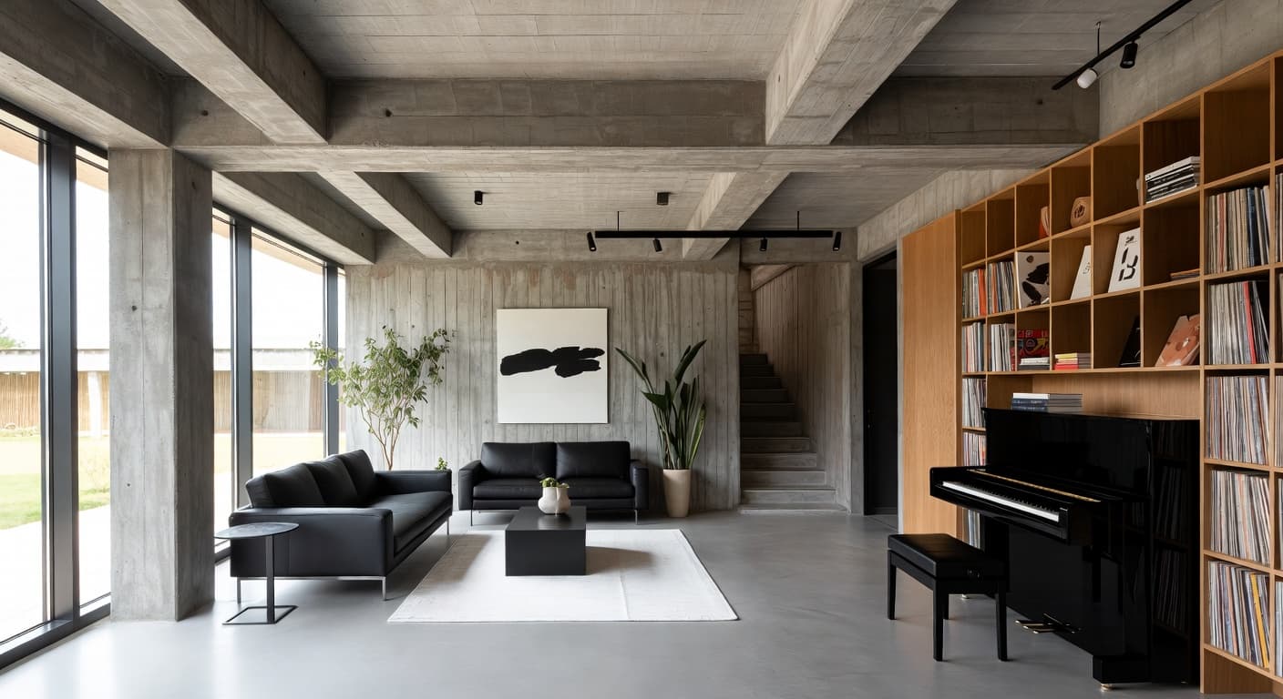 Brutalist music room interior design - featuring brutalist style furniture, decor, colors, and layout ideas for your music room