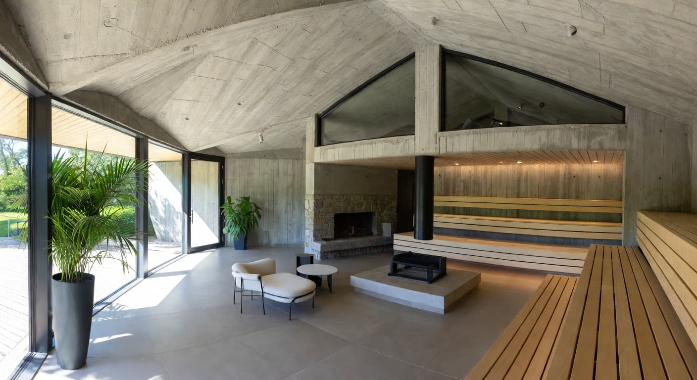 Brutalist sauna / spa room interior design - featuring brutalist style furniture, decor, colors, and layout ideas for your sauna / spa room