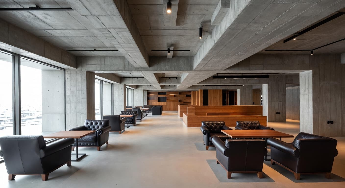 Brutalist smoking room / cigar lounge interior design - featuring brutalist style furniture, decor, colors, and layout ideas for your smoking room / cigar lounge