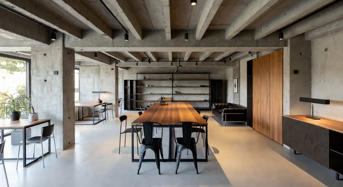 Brutalist workshop interior design - featuring brutalist style furniture, decor, colors, and layout ideas for your workshop