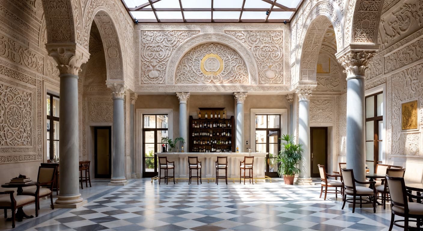 Byzantine bar room interior design - featuring byzantine style furniture, decor, colors, and layout ideas for your bar room