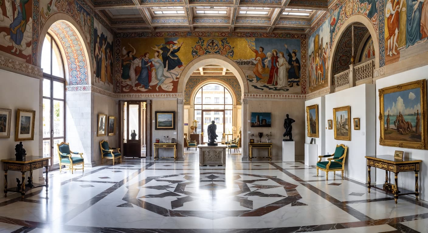 Byzantine gallery / art display interior design - featuring byzantine style furniture, decor, colors, and layout ideas for your gallery / art display