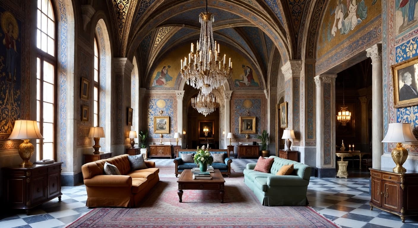 Byzantine game room interior design - featuring byzantine style furniture, decor, colors, and layout ideas for your game room