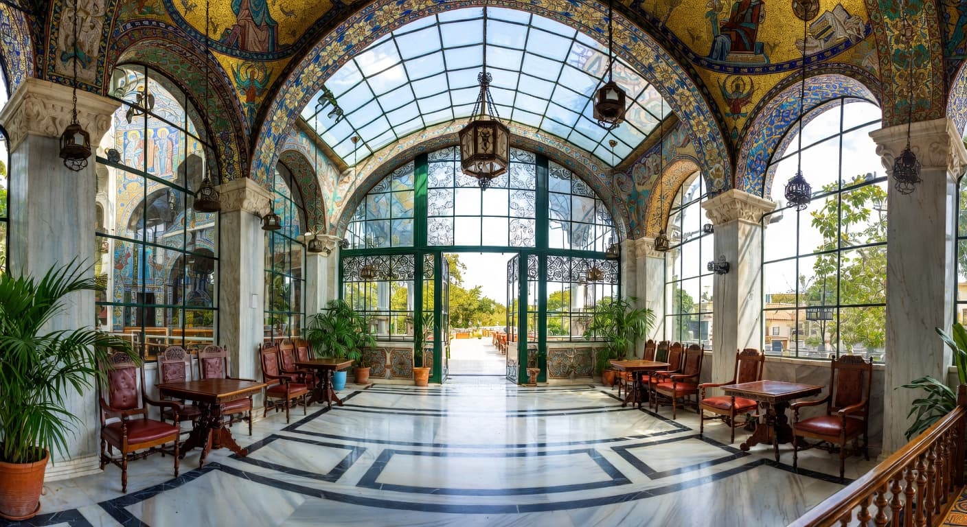 Byzantine greenhouse interior design - featuring byzantine style furniture, decor, colors, and layout ideas for your greenhouse