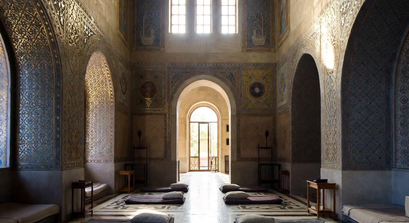 Byzantine meditation space interior design - featuring byzantine style furniture, decor, colors, and layout ideas for your meditation space