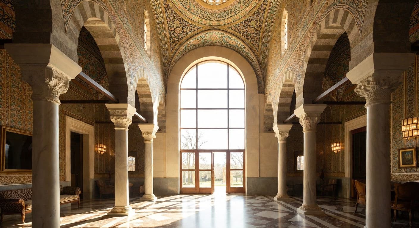 Byzantine outdoor space interior design - featuring byzantine style furniture, decor, colors, and layout ideas for your outdoor space