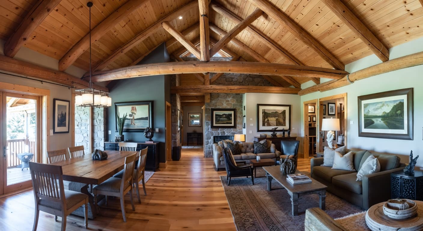 Cabin gallery / art display interior design - featuring cabin style furniture, decor, colors, and layout ideas for your gallery / art display