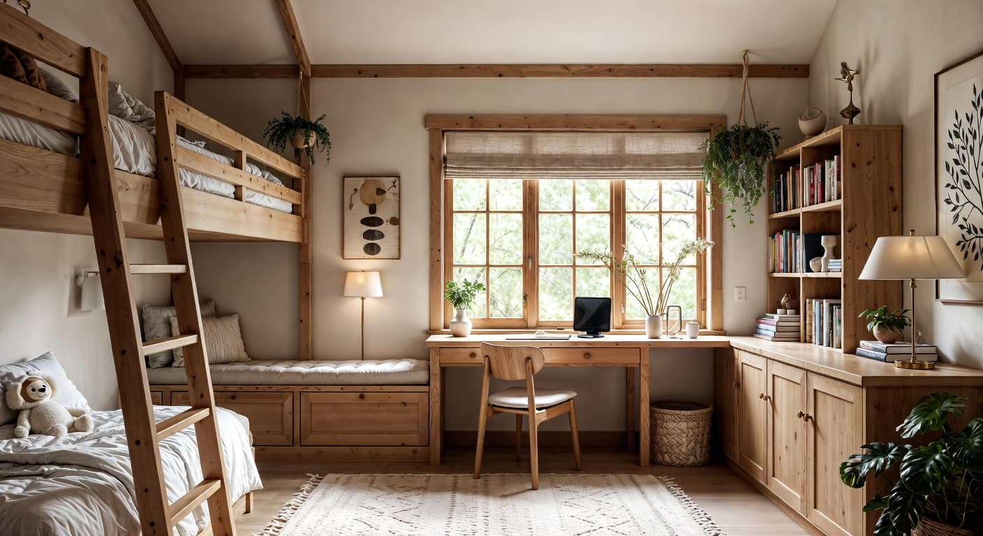 Cabin kids room interior design - featuring cabin style furniture, decor, colors, and layout ideas for your kids room