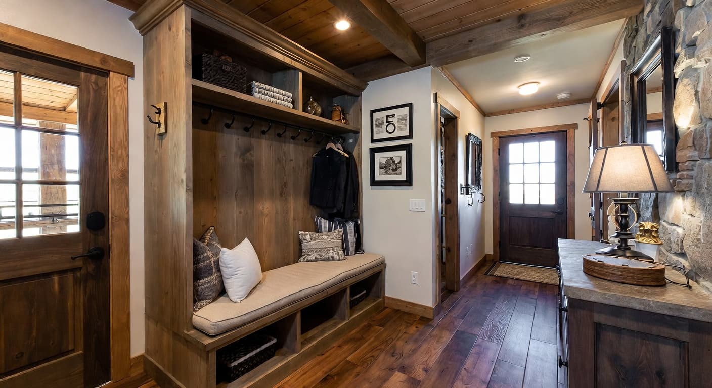 Cabin mudroom interior design - featuring cabin style furniture, decor, colors, and layout ideas for your mudroom