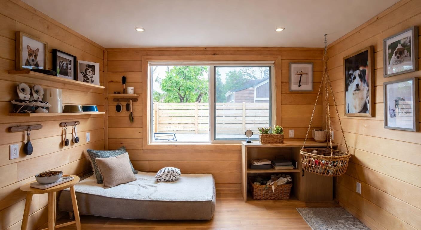 Cabin pet room interior design - featuring cabin style furniture, decor, colors, and layout ideas for your pet room