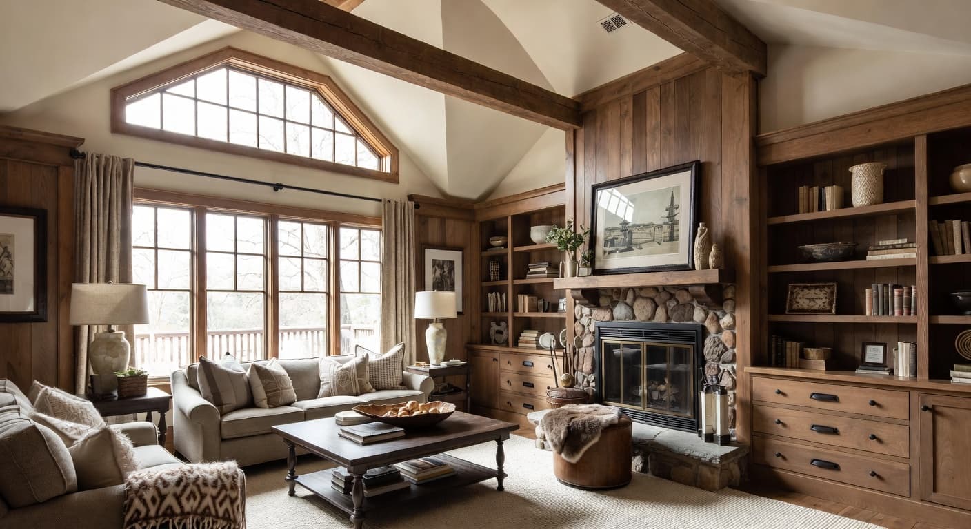 Cabin playroom interior design - featuring cabin style furniture, decor, colors, and layout ideas for your playroom