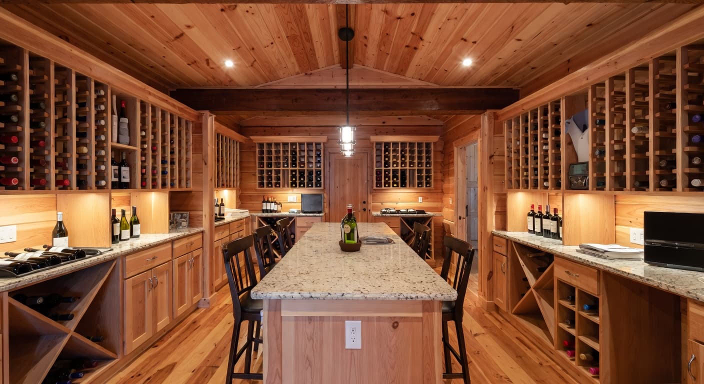 Cabin wine cellar interior design - featuring cabin style furniture, decor, colors, and layout ideas for your wine cellar