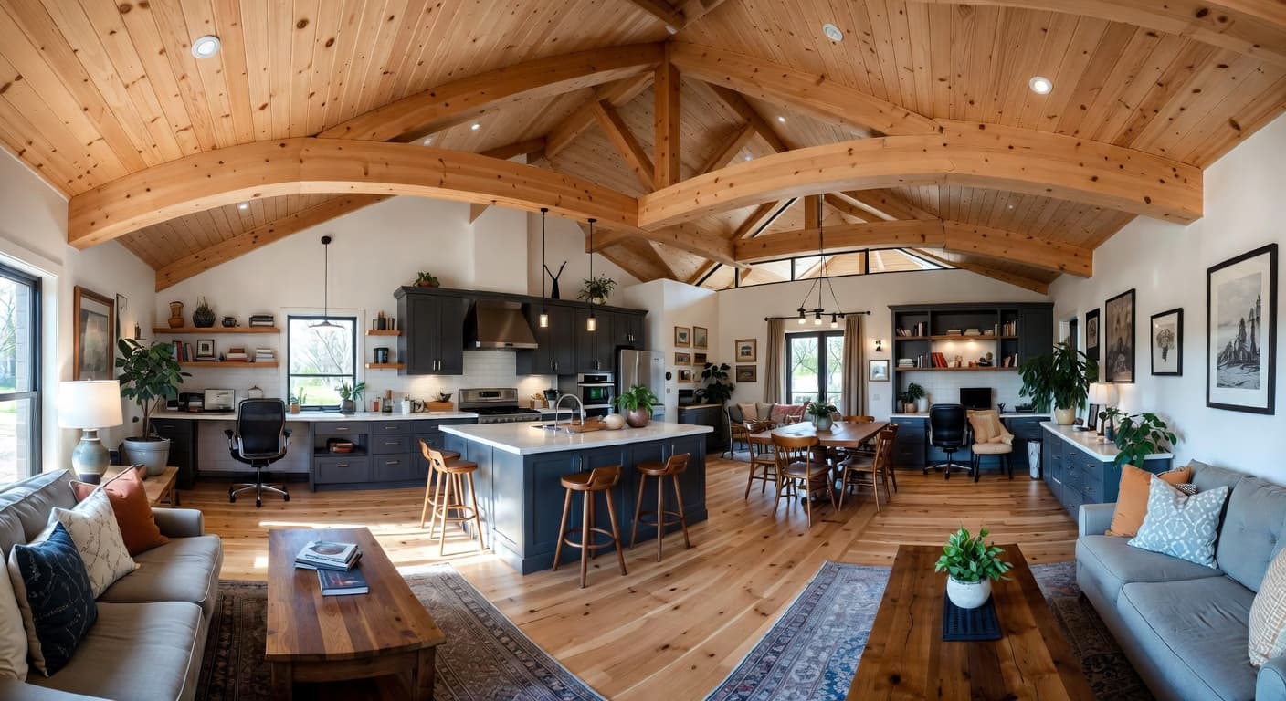 Cabin workshop interior design - featuring cabin style furniture, decor, colors, and layout ideas for your workshop