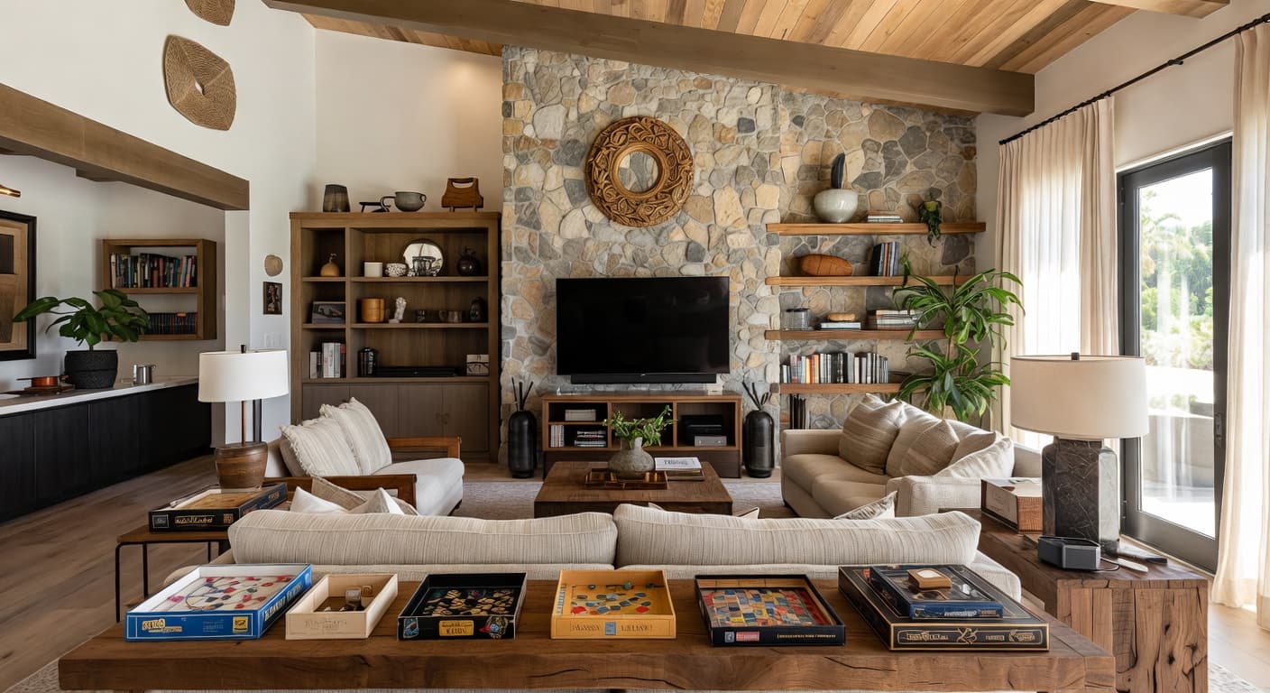 California Casual game room interior design - featuring california casual style furniture, decor, colors, and layout ideas for your game room