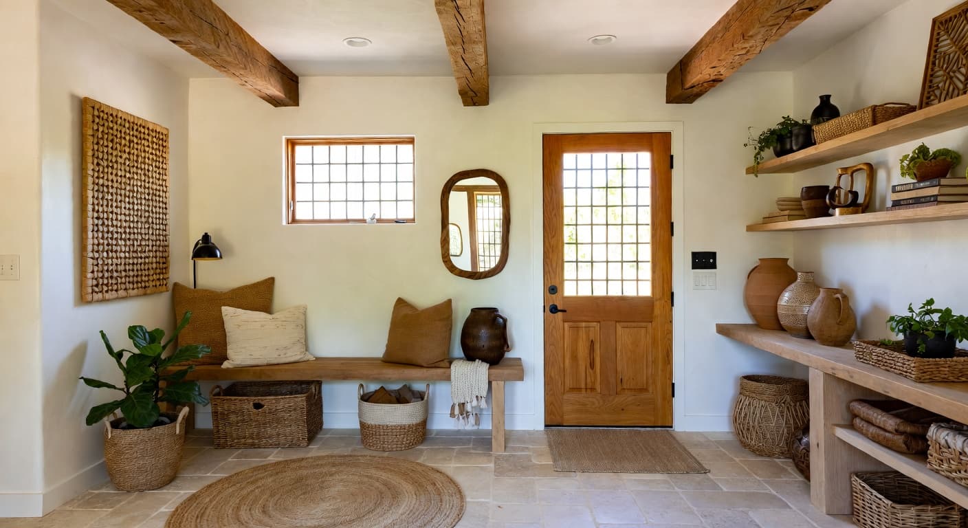 Californian Bohemian mudroom interior design - featuring californian bohemian style furniture, decor, colors, and layout ideas for your mudroom