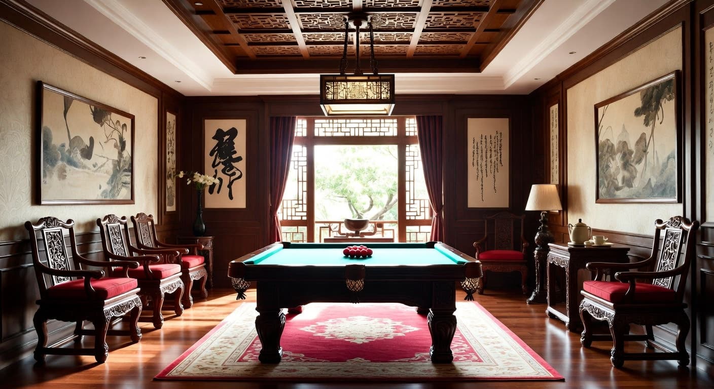 Chinese billiards room interior design - featuring chinese style furniture, decor, colors, and layout ideas for your billiards room