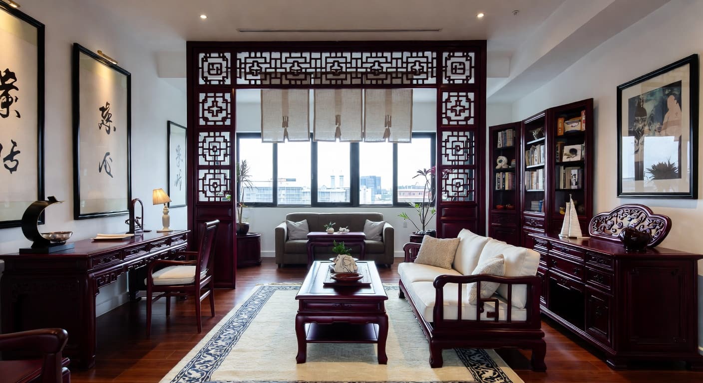 Chinese craft room / studio interior design - featuring chinese style furniture, decor, colors, and layout ideas for your craft room / studio