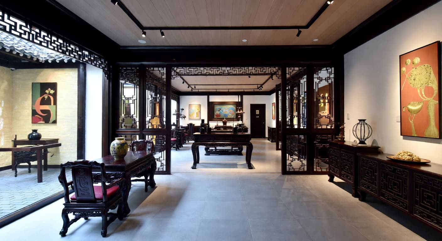Chinese gallery / art display interior design - featuring chinese style furniture, decor, colors, and layout ideas for your gallery / art display