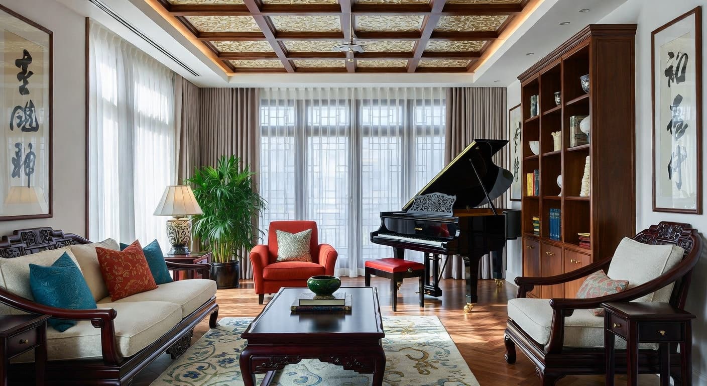 Chinese music room interior design - featuring chinese style furniture, decor, colors, and layout ideas for your music room