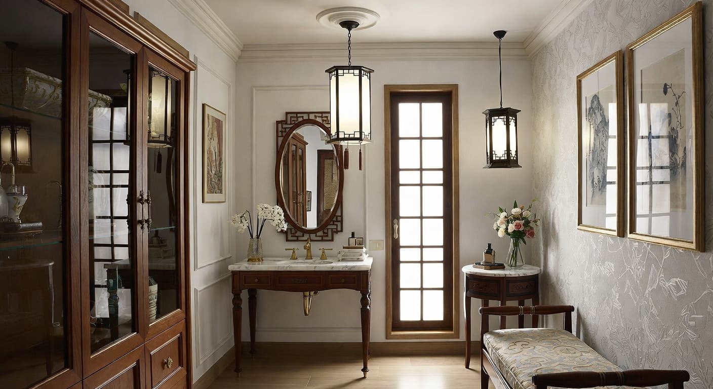 Chinese powder room interior design - featuring chinese style furniture, decor, colors, and layout ideas for your powder room