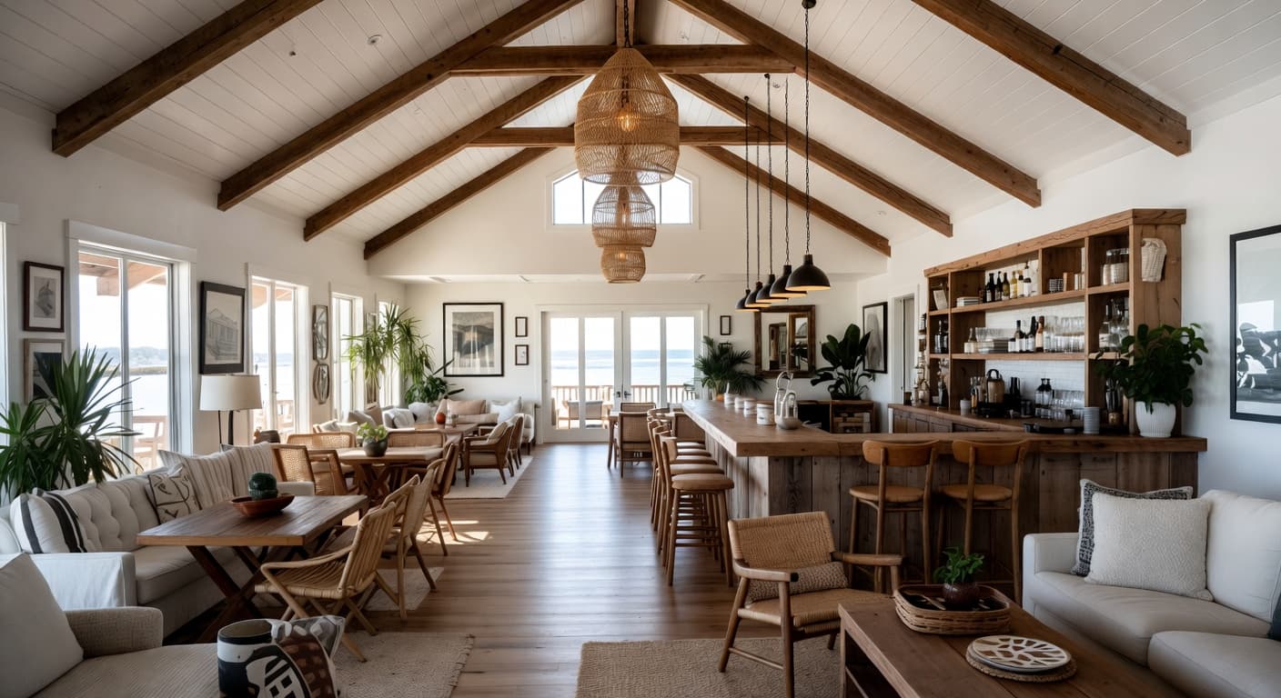 Coastal bar room interior design - featuring coastal style furniture, decor, colors, and layout ideas for your bar room