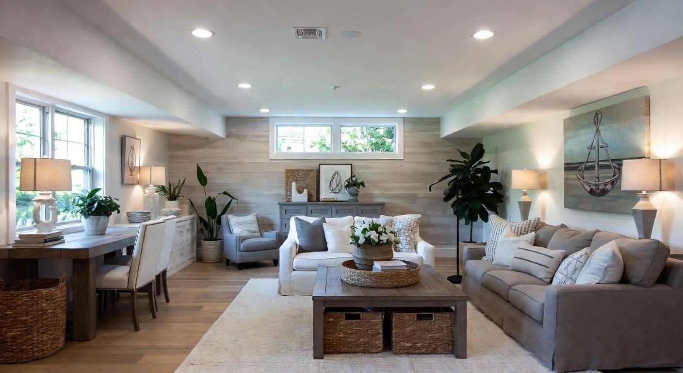 Coastal basement interior design - featuring coastal style furniture, decor, colors, and layout ideas for your basement