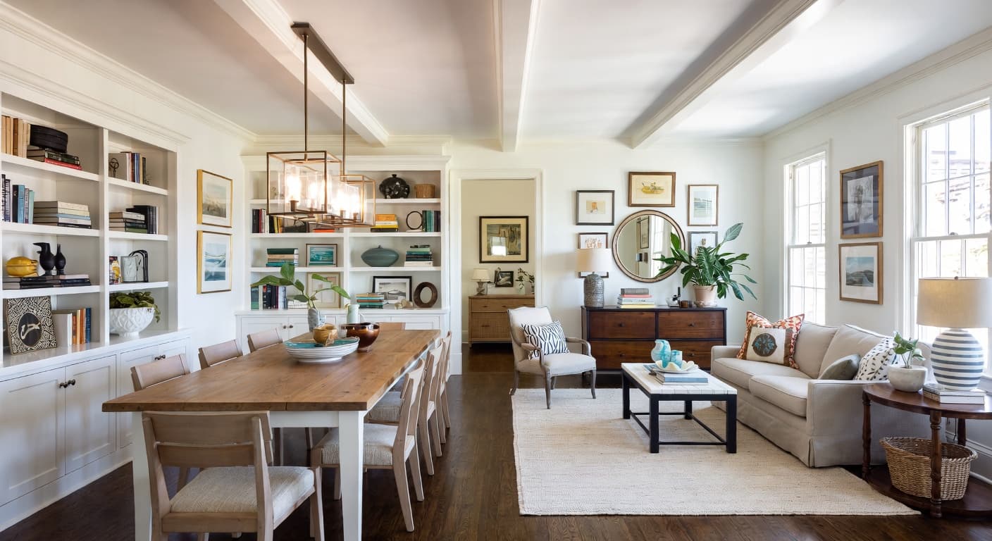 Coastal craft room / studio interior design - featuring coastal style furniture, decor, colors, and layout ideas for your craft room / studio