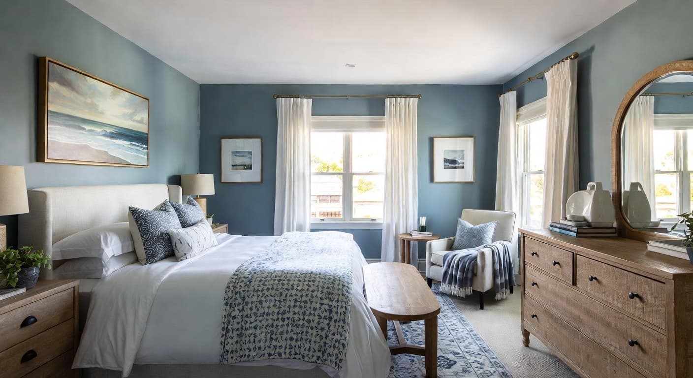 Coastal guest room interior design - featuring coastal style furniture, decor, colors, and layout ideas for your guest room