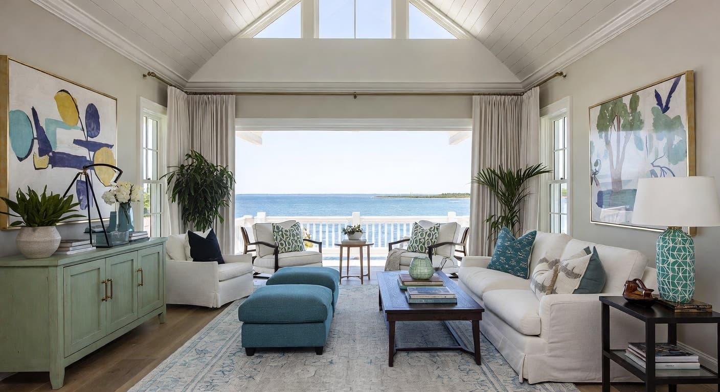 Coastal meditation space interior design - featuring coastal style furniture, decor, colors, and layout ideas for your meditation space