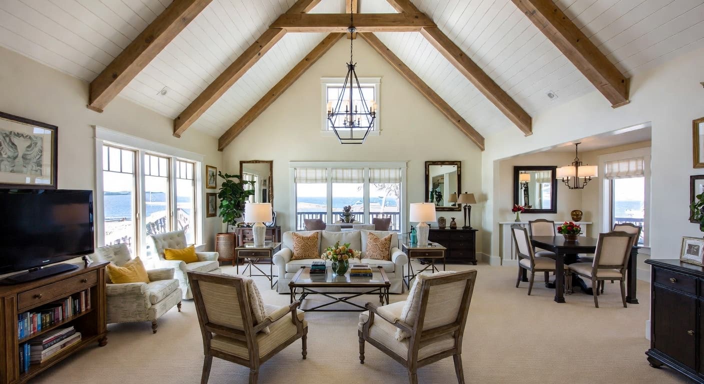 Coastal multi-purpose room interior design - featuring coastal style furniture, decor, colors, and layout ideas for your multi-purpose room