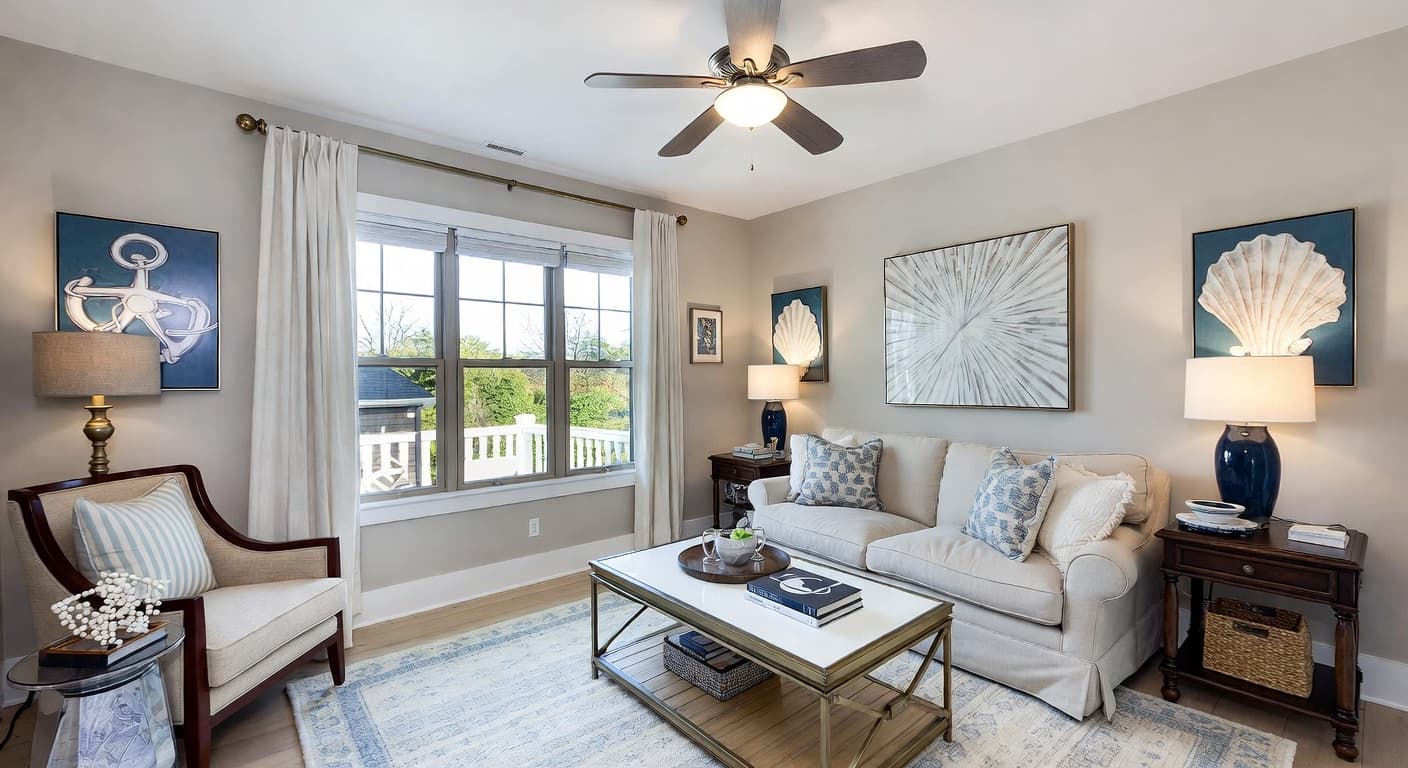 Coastal pet room interior design - featuring coastal style furniture, decor, colors, and layout ideas for your pet room