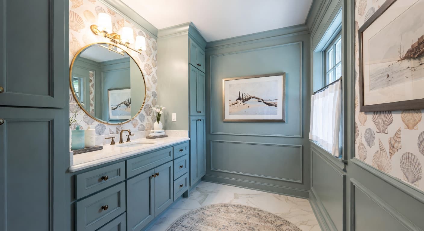 Coastal powder room interior design - featuring coastal style furniture, decor, colors, and layout ideas for your powder room