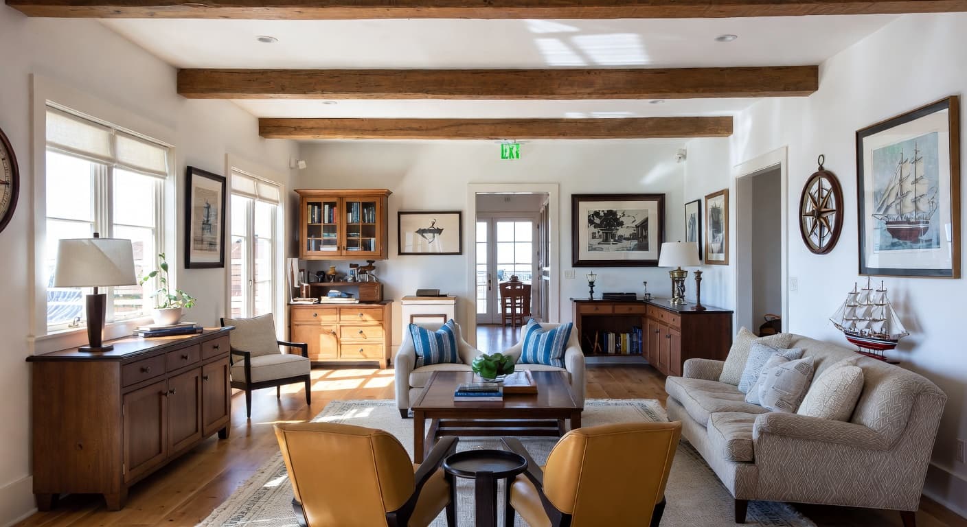 Coastal smoking room / cigar lounge interior design - featuring coastal style furniture, decor, colors, and layout ideas for your smoking room / cigar lounge