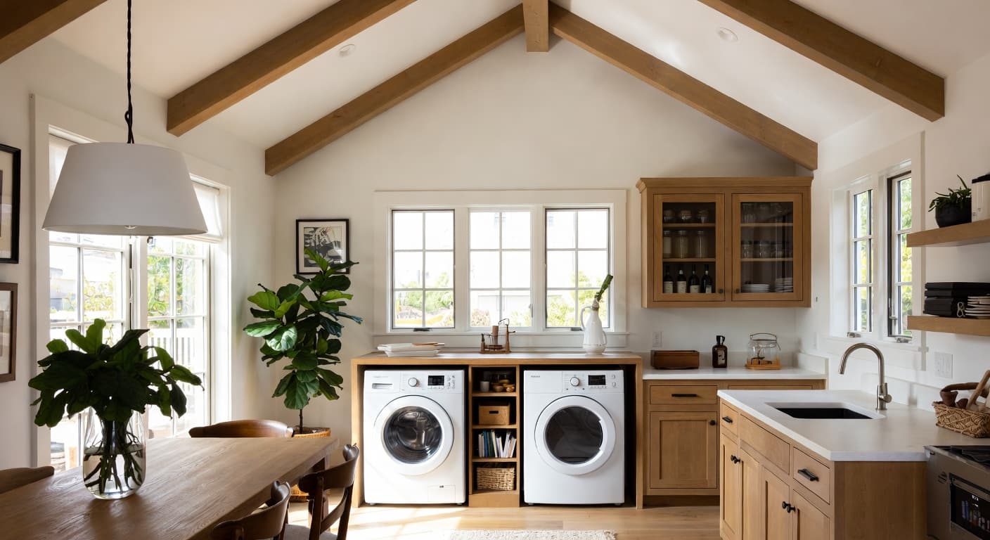 Coastal utility room interior design - featuring coastal style furniture, decor, colors, and layout ideas for your utility room