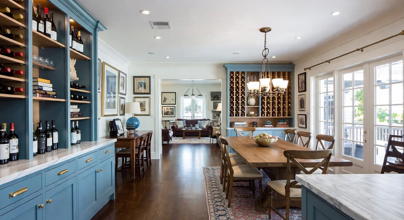 Coastal wine cellar interior design - featuring coastal style furniture, decor, colors, and layout ideas for your wine cellar