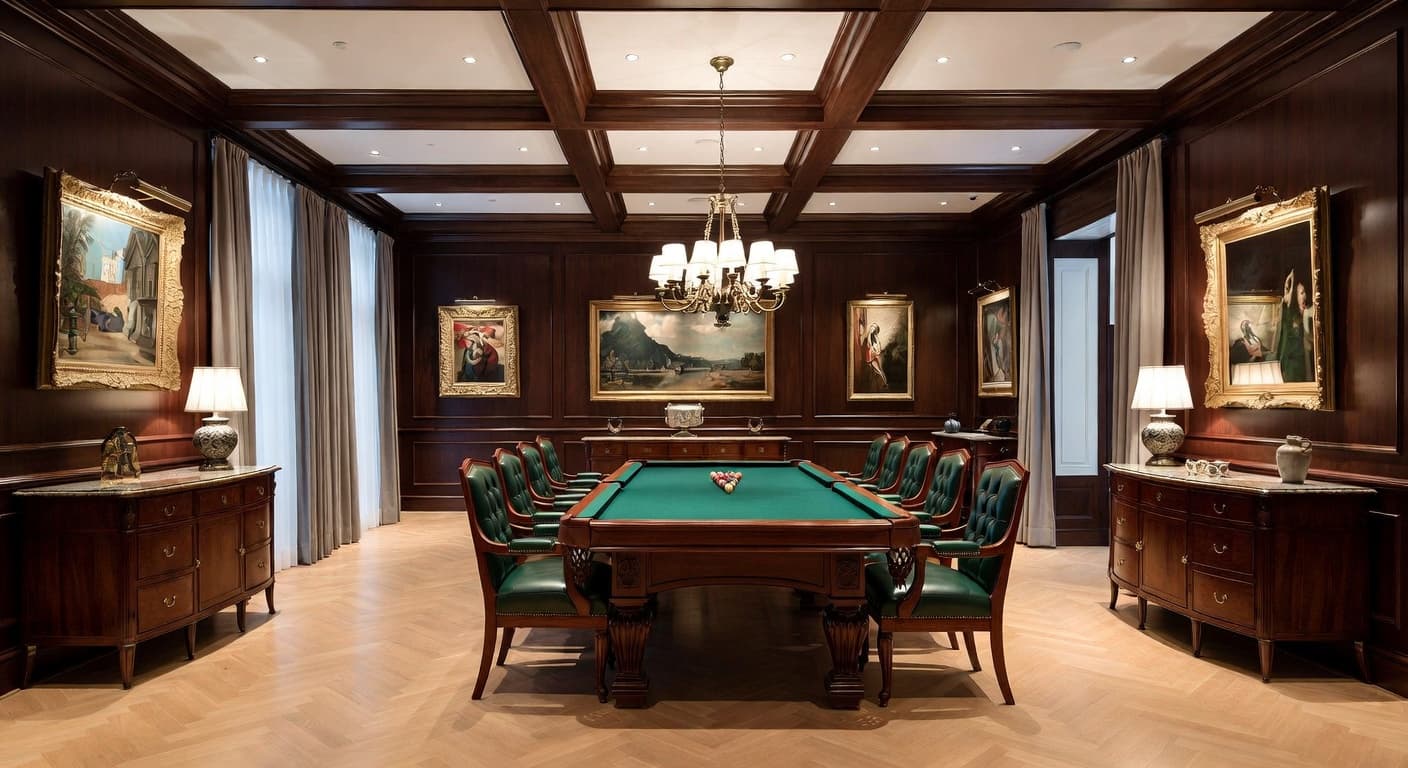 Colonial billiards room interior design - featuring colonial style furniture, decor, colors, and layout ideas for your billiards room
