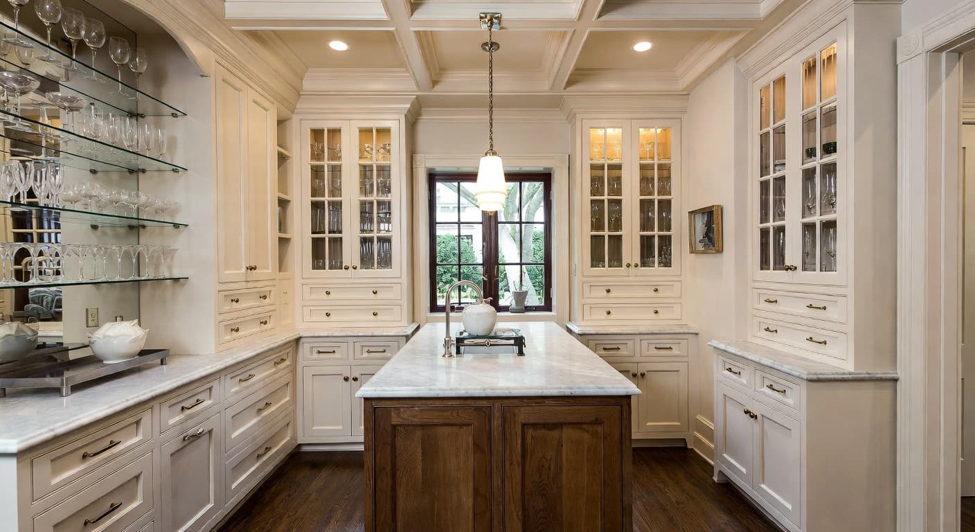 Colonial butler's pantry interior design - featuring colonial style furniture, decor, colors, and layout ideas for your butler's pantry