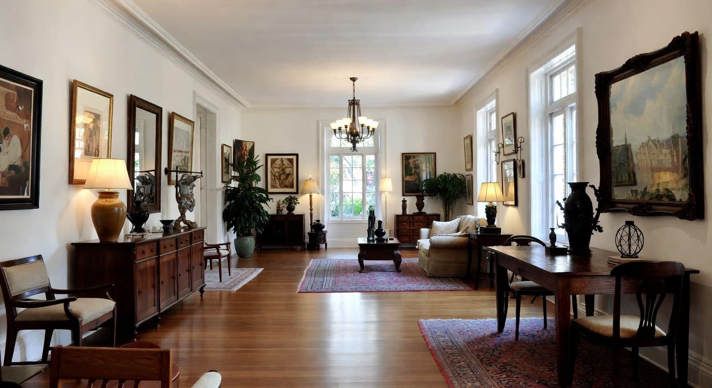 Colonial gallery / art display interior design - featuring colonial style furniture, decor, colors, and layout ideas for your gallery / art display