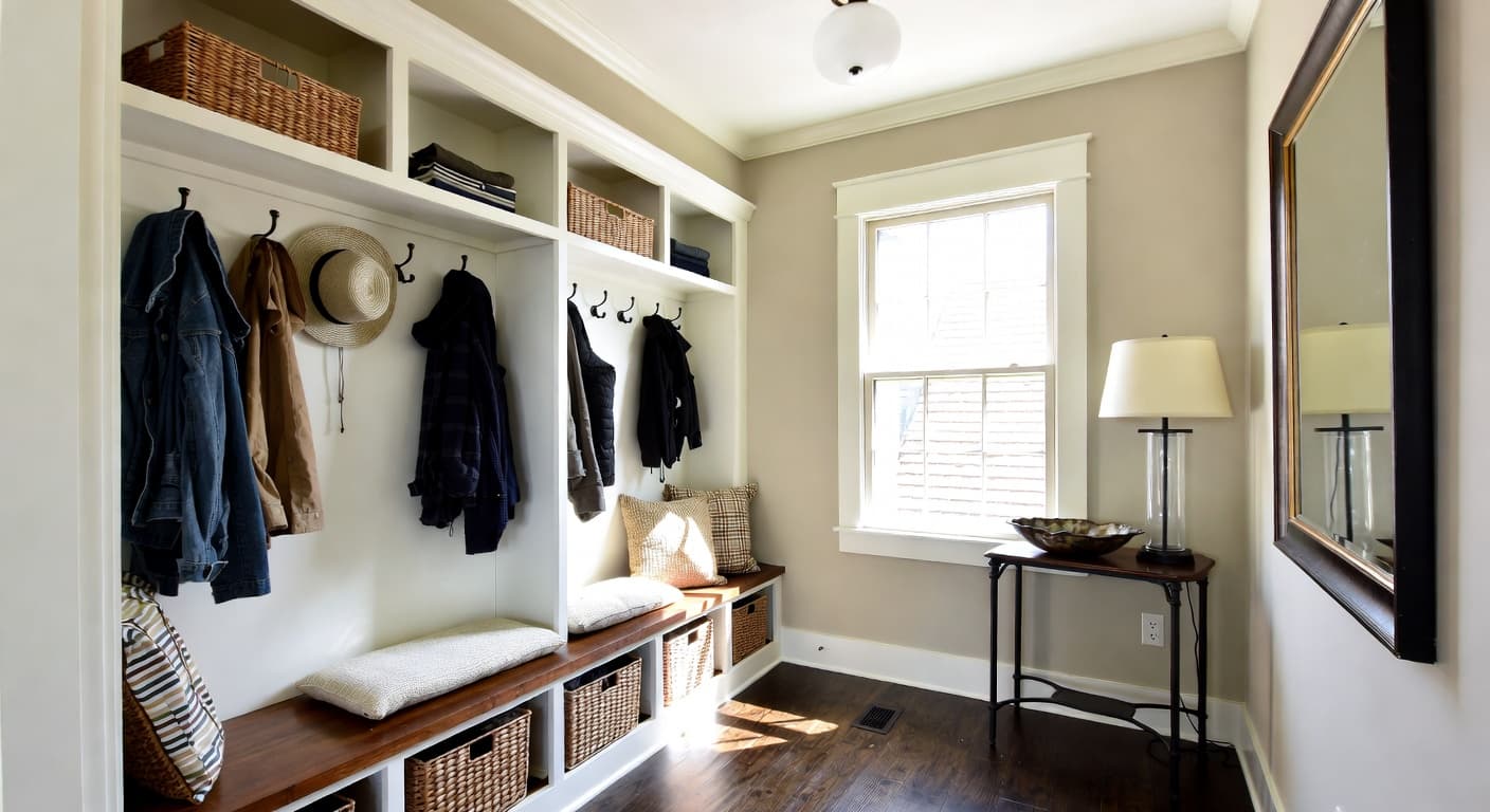 Colonial mudroom interior design - featuring colonial style furniture, decor, colors, and layout ideas for your mudroom