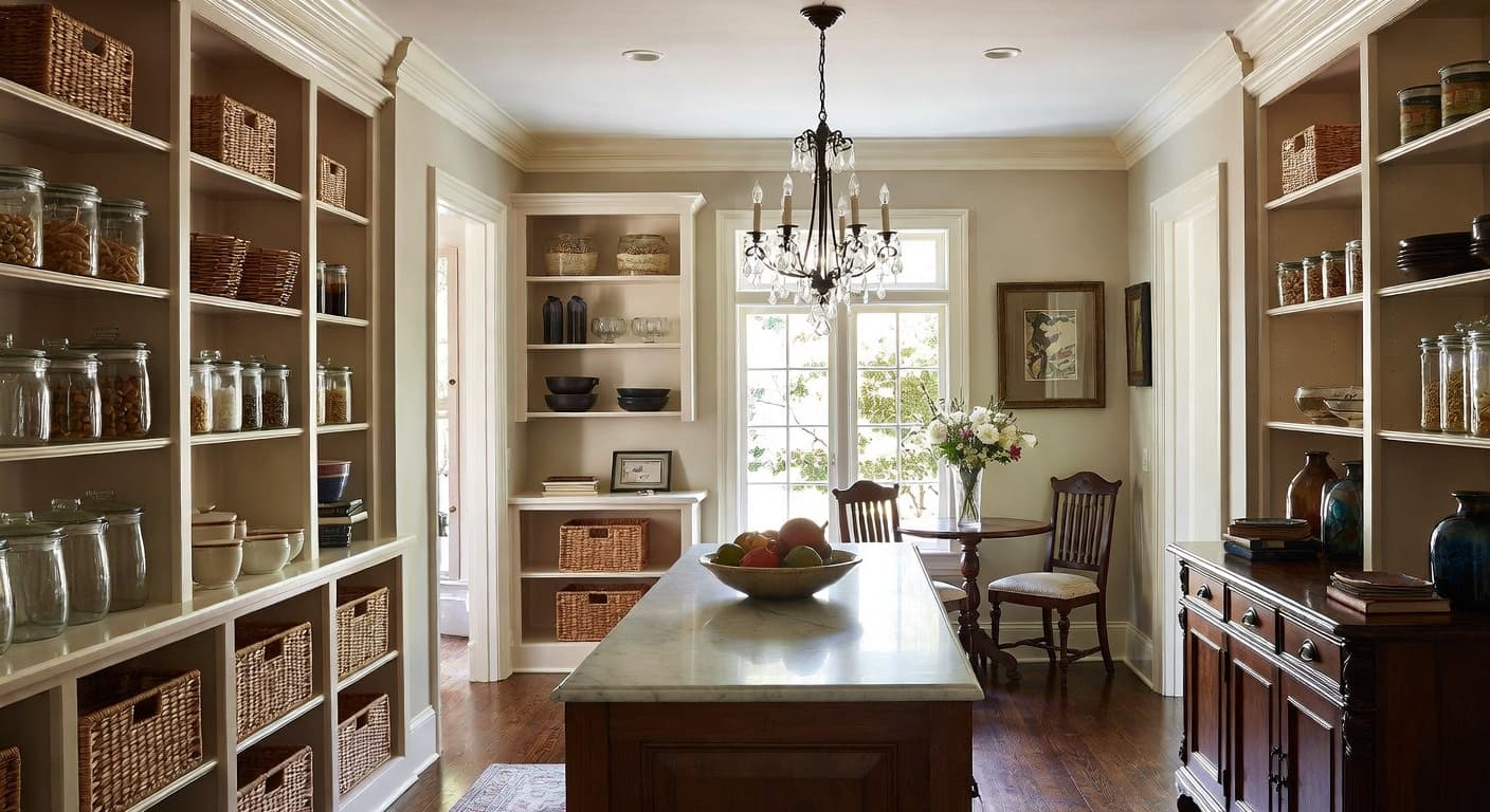 Colonial pantry interior design - featuring colonial style furniture, decor, colors, and layout ideas for your pantry