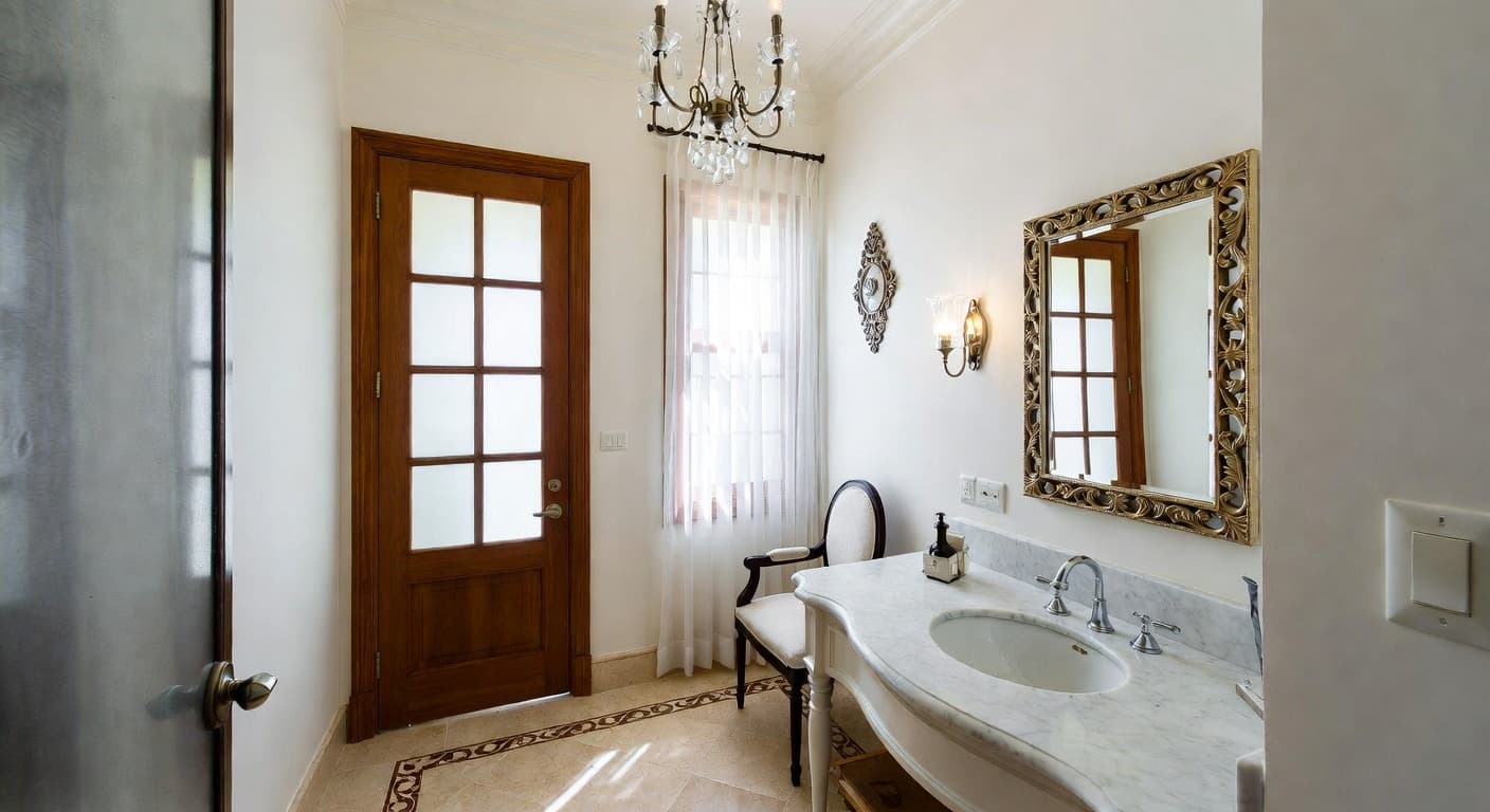 Colonial powder room interior design - featuring colonial style furniture, decor, colors, and layout ideas for your powder room