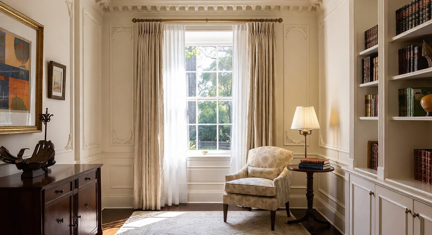 Colonial reading nook interior design - featuring colonial style furniture, decor, colors, and layout ideas for your reading nook